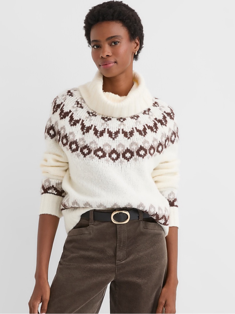 LOFT Women’s Small Fair Isle Cowl Neck Sweater Cream Brown Nordic